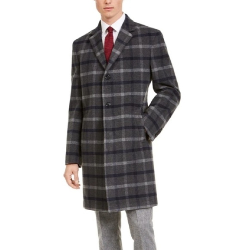Tommy Hilfiger Men’s wool blend Plaid Addison Overcoat grey & navy Siz 44L tall